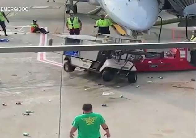 Catering Truck Loses Control, Starts Spinning In Cirles Next To American Airlines Plane